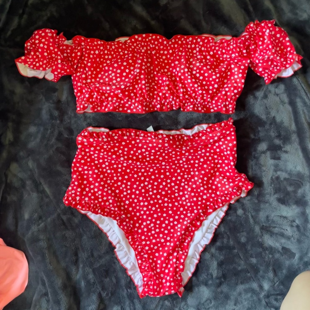 Red Floral Two Piece Swimsuit